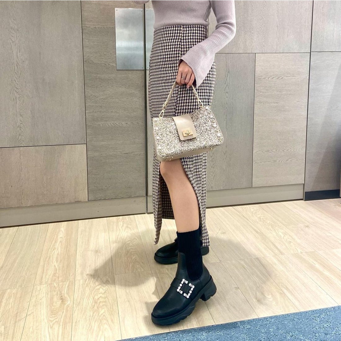 プラスダイアナ ＋diana リブニットショートブーツ （黒人工スムース