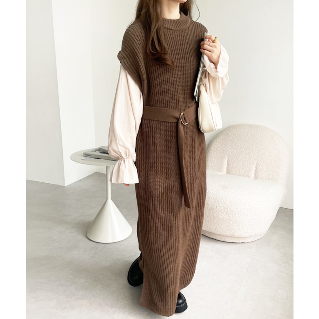 ジーラ GeeRA 袖ブラウスドッキングニットワンピース （モカブラウン