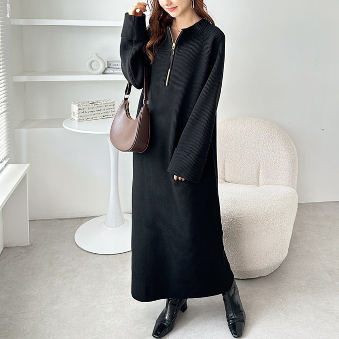 ジーラ GeeRA 前後2WAYハーフジップニットワンピース （ブラック