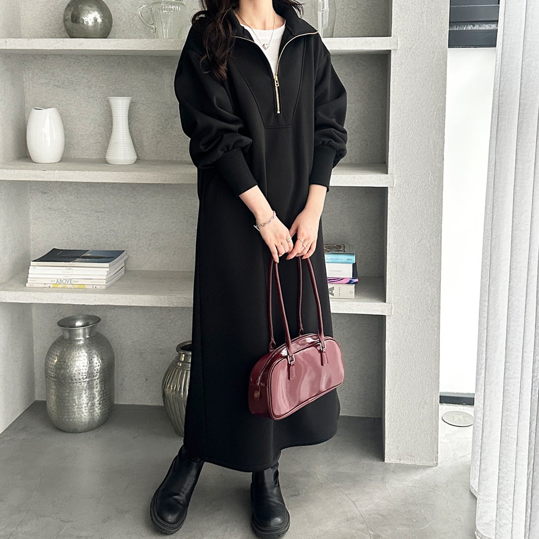 ジーラ GeeRA ハーフジップハイネック裏起毛ワンピース （ブラック