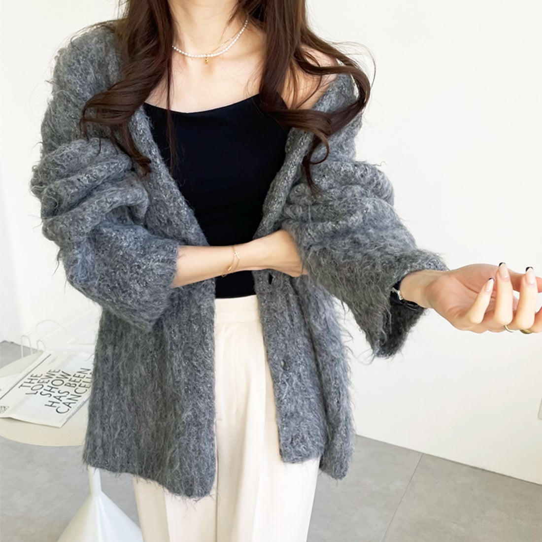 ジーラ GeeRA ミックスシャギーVネックカーディガン （グレー