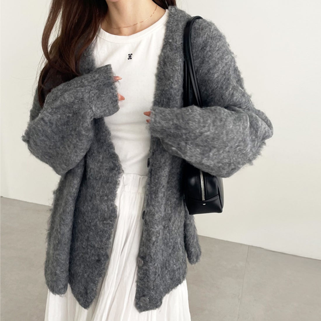 ジーラ GeeRA ブークレミックスシャギーカーディガン （ライトグレー