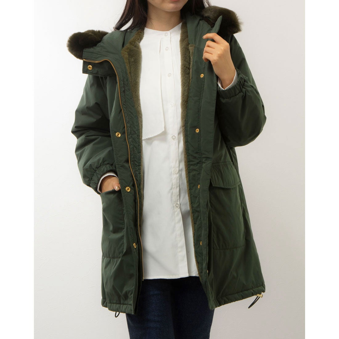 ラナン RANAN 裏ファーバックフリルモッズコート （カーキ