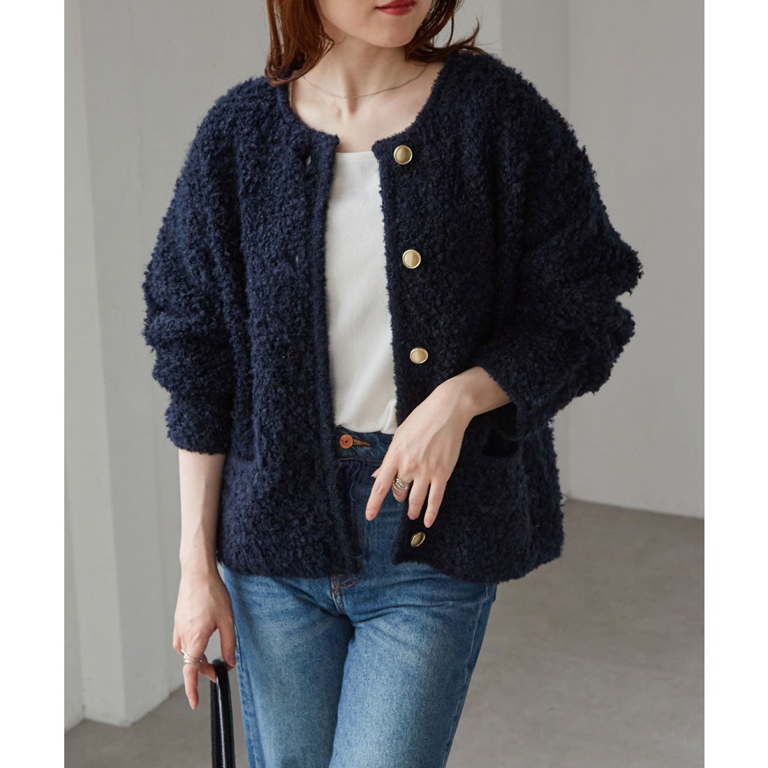 ラナン RANAN ゴールド調ボタンループ編みニットジャケット （ネイビー