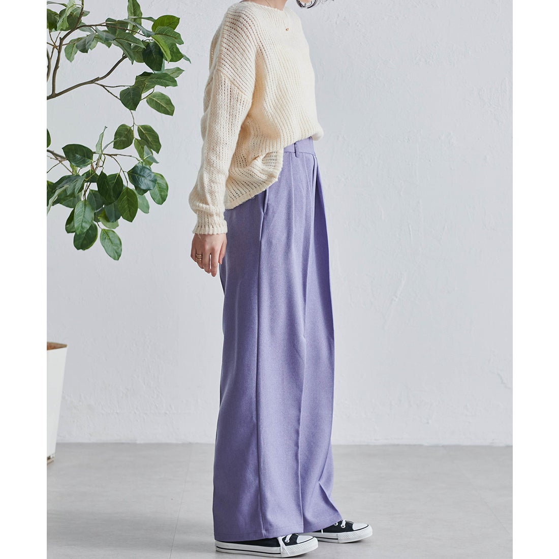ラナン RANAN ウーリッシュポリ2タックワイドパンツ （パープル68