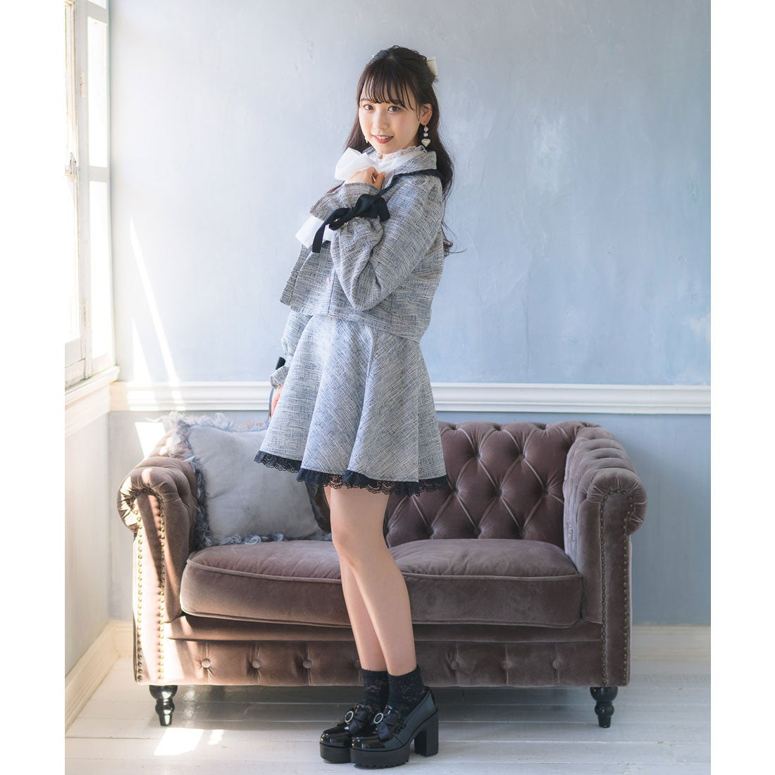 ロジータ ROJITA 袖リボンツイードWジャケット （グレー） -靴