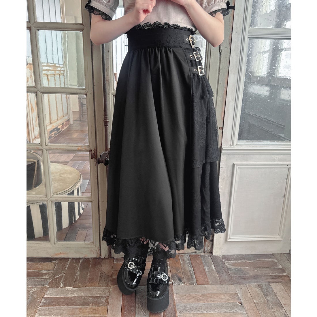 ロジータ ROJITA アシメ切替ロングスカート （ブラック） -靴