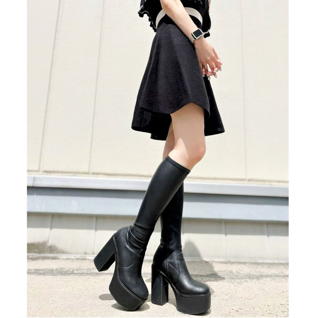 アールアンドイー R&E 厚底ロングブーツ （ブラック） -ファッション