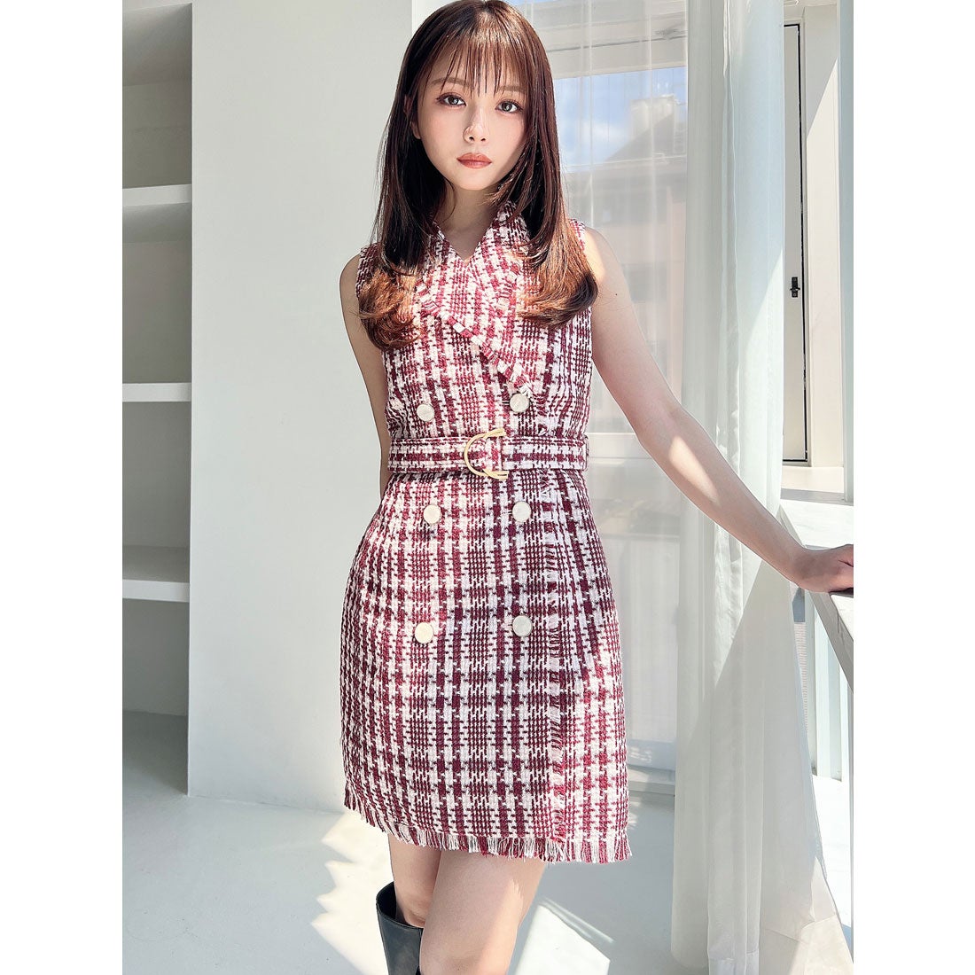 リゼクシー RESEXXY フリンジツイードミニワンピース （レッド） -靴