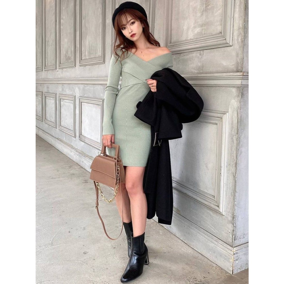 RESEXXY フロントクロス長袖ニットワンピース（ミントグリーン） -靴