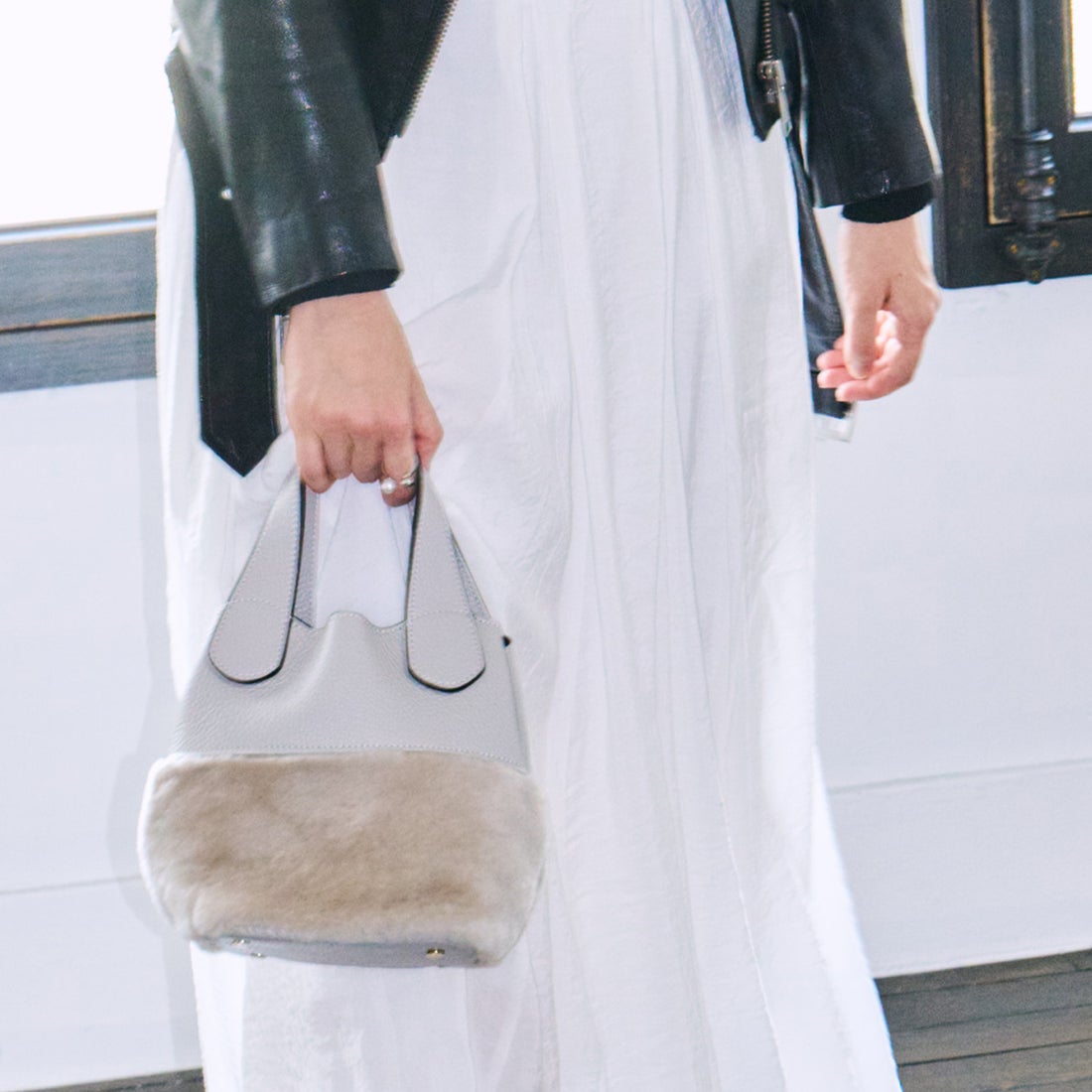 リパーニ RIPANI ムートンコンビハンドバッグ （グレー） -レディース