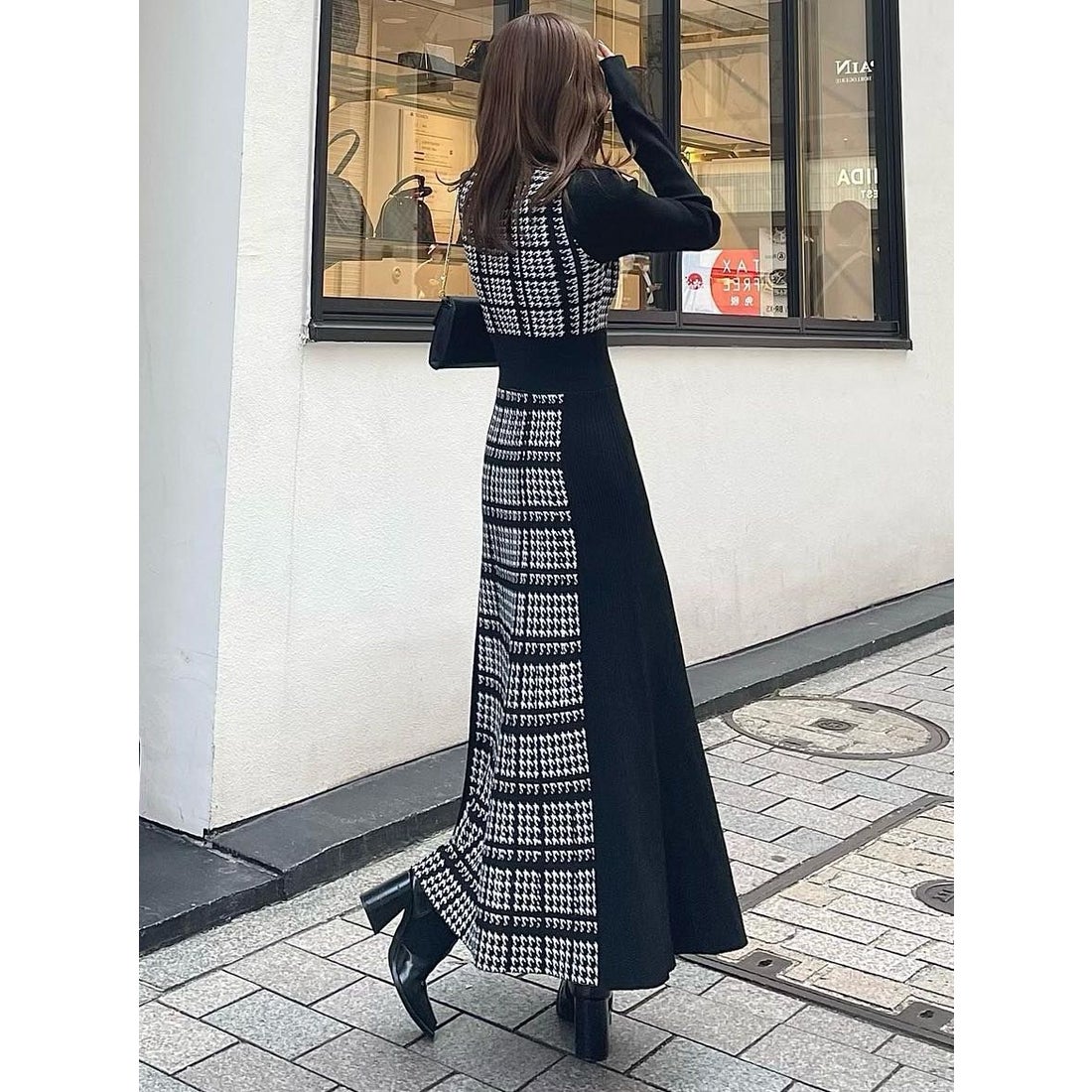 rienda 2WAY LONG SLV 千鳥柄フレアKnit OP BLK -靴＆ファッション通販