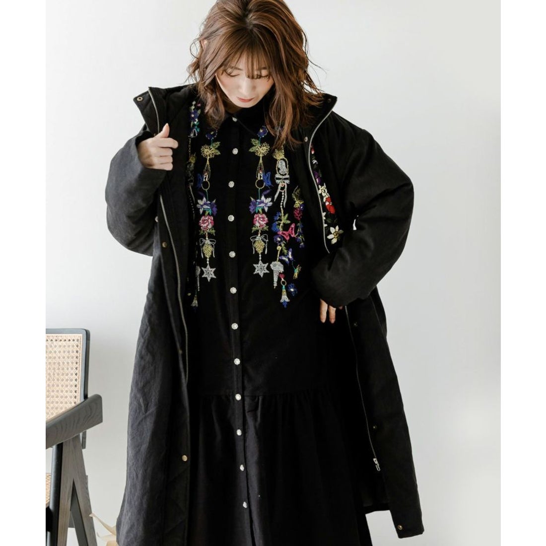 スカラー ScoLar 花刺繍中綿コート （カーキ） -靴＆ファッション通販