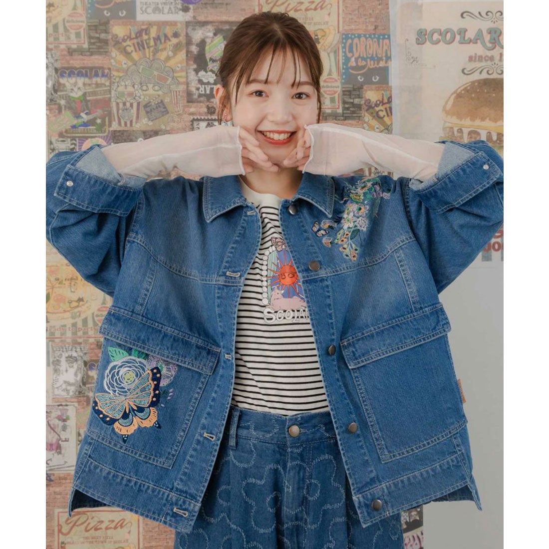 スカラー ScoLar 花蝶ブーケ刺繍 デニムジャケット （ブルー） -靴