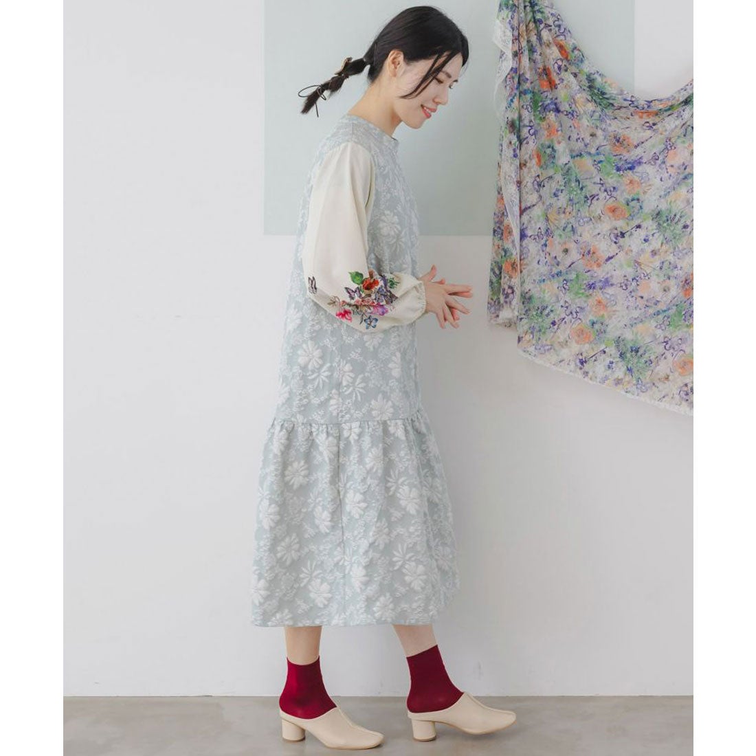 スカラー ScoLar 花蝶柄ふくれジャガード切替ワンピース （グリーン