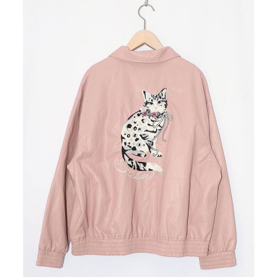 スカラー ScoLar ネコ刺繍フェイクレザー×裏地ブルゾン （ピンク