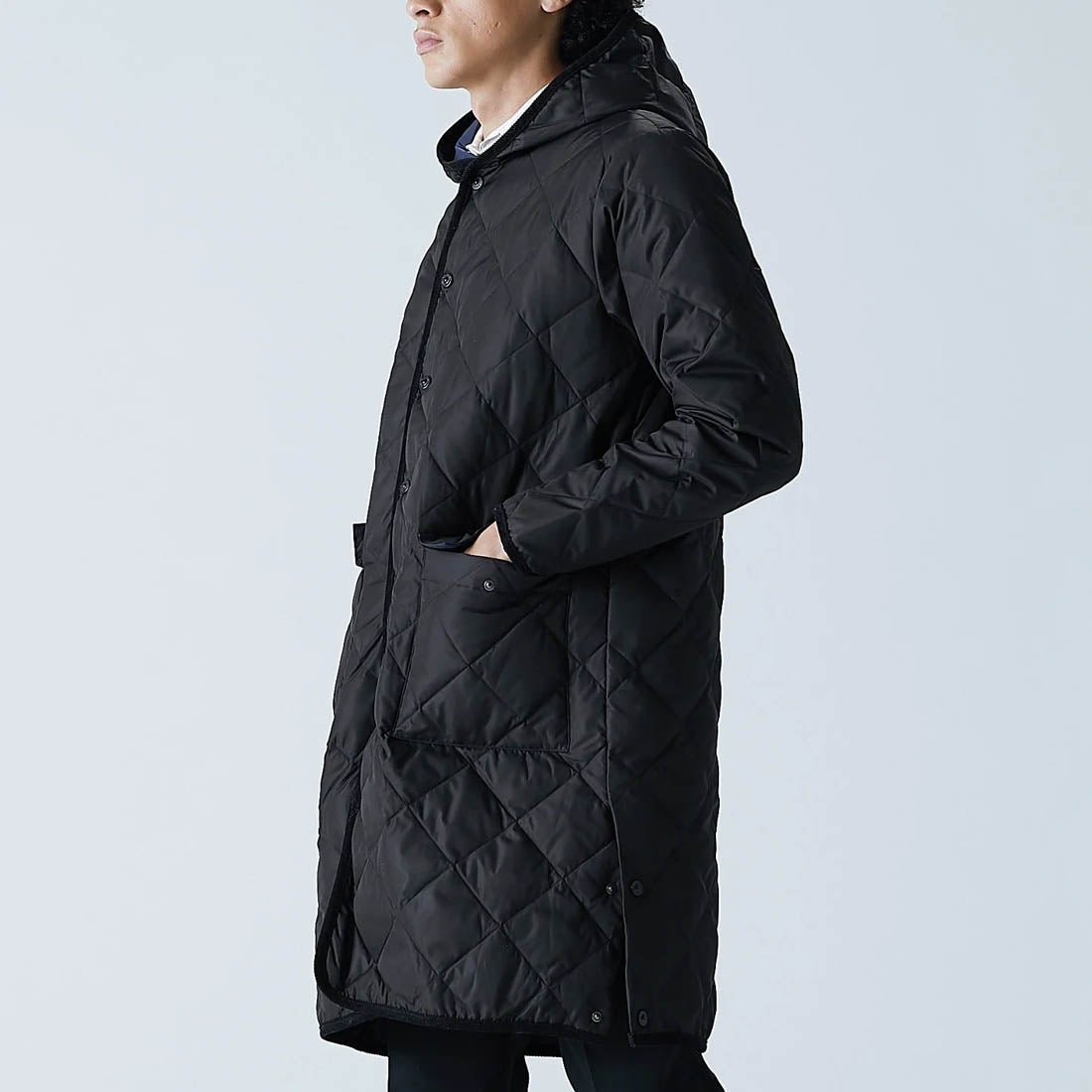 TAION＞シティ パイピングフード ロングダウンコート（ブラック） -WWS