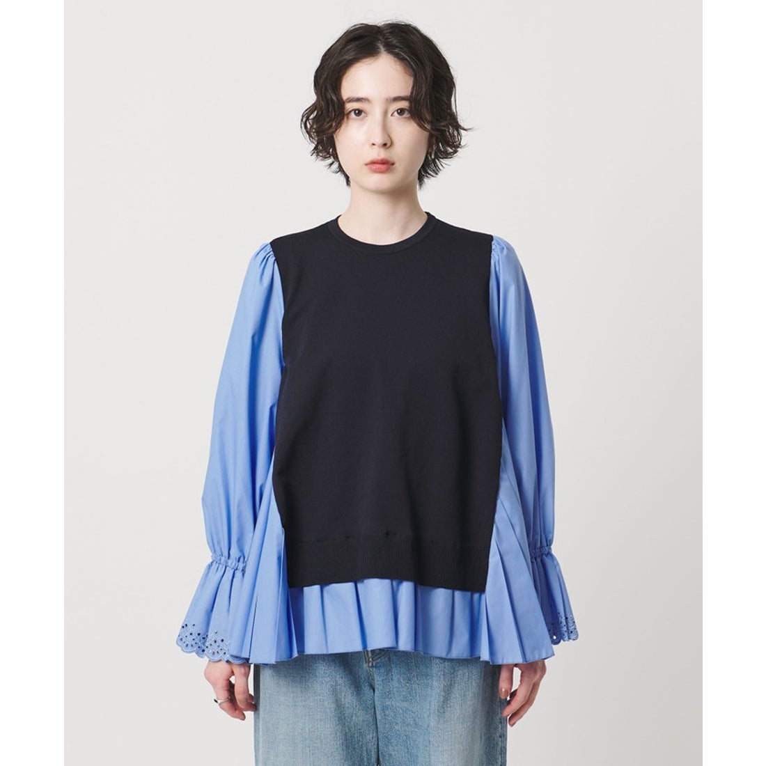 UNITED ARROWS プリーツ コンビ ニット ブラウス ‐ウォッシャブル