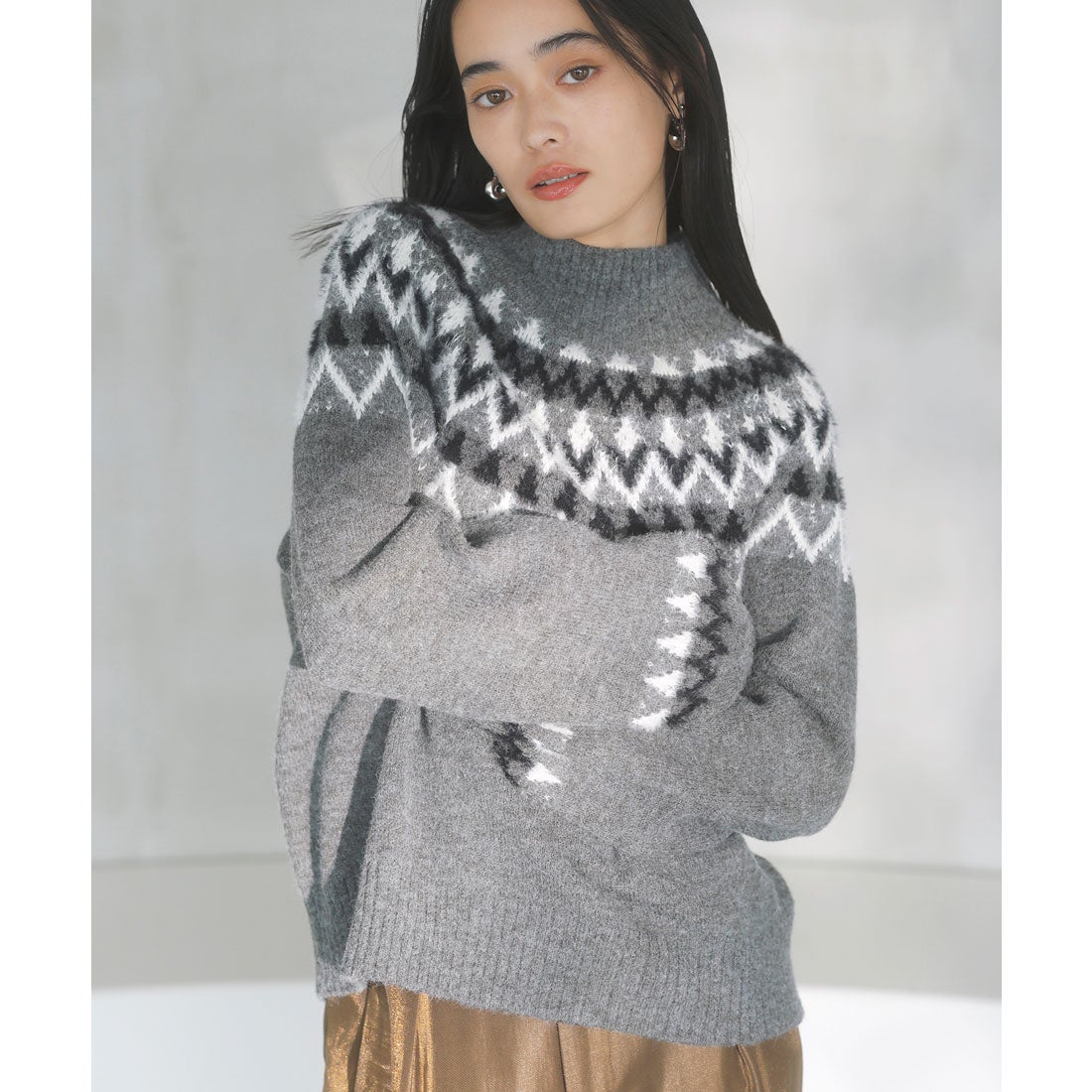 ビス VIS 【洗える】ノルディック柄ハイネックニット （グレー（07