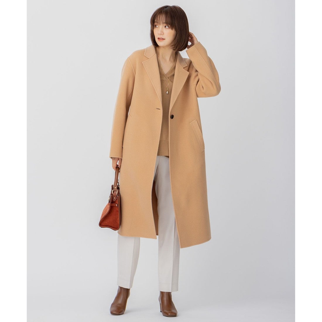 23区（大きいサイズ） ウールリバー ロングコート （ベージュ系） -靴