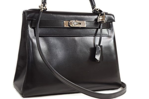 売切】エルメス ケリー28 内縫い 黒 ボックスカーフ S金具 □K刻印