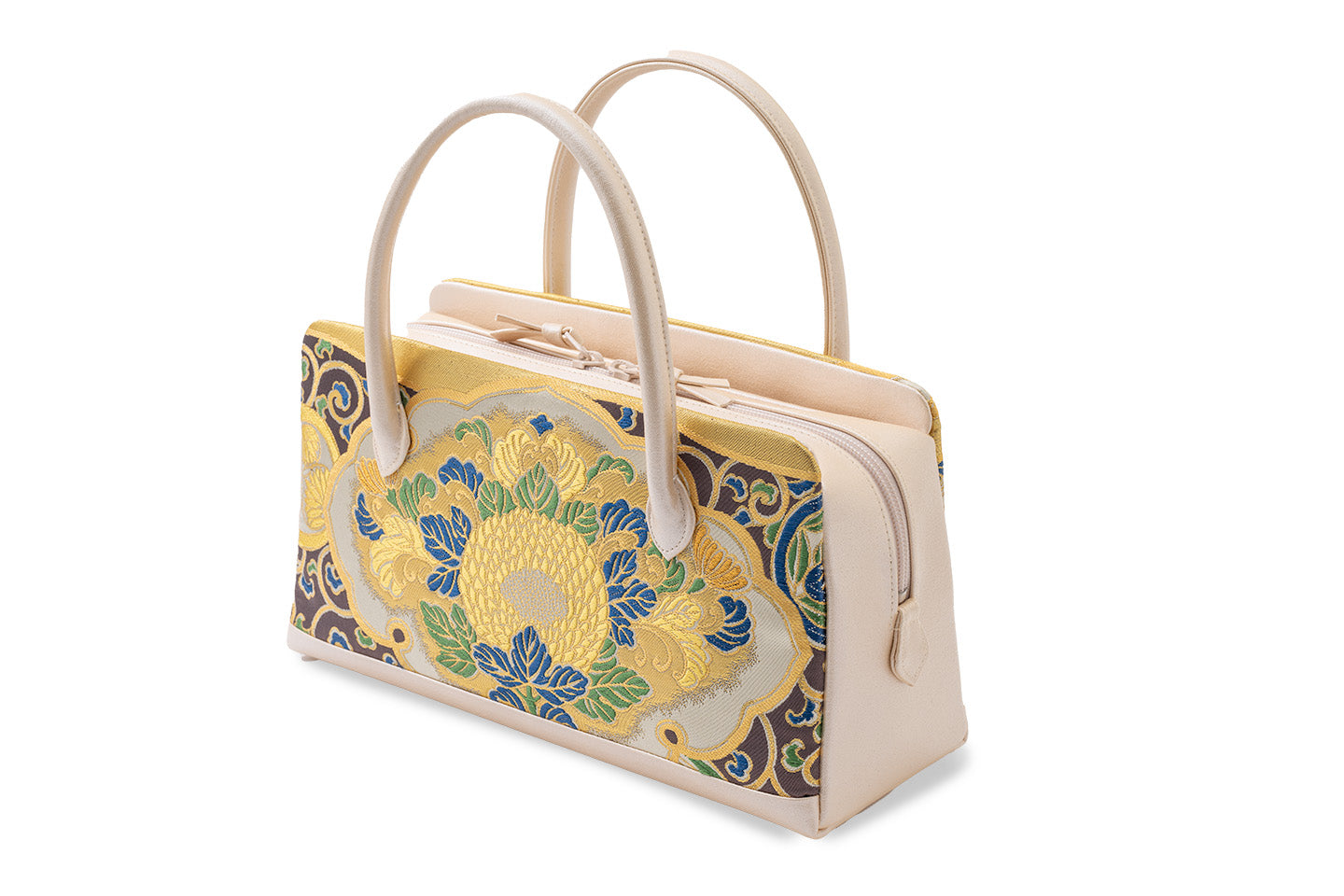 Online限定【引箔を使った帯地の利休バッグ】百花唐草柄淡色/二重織