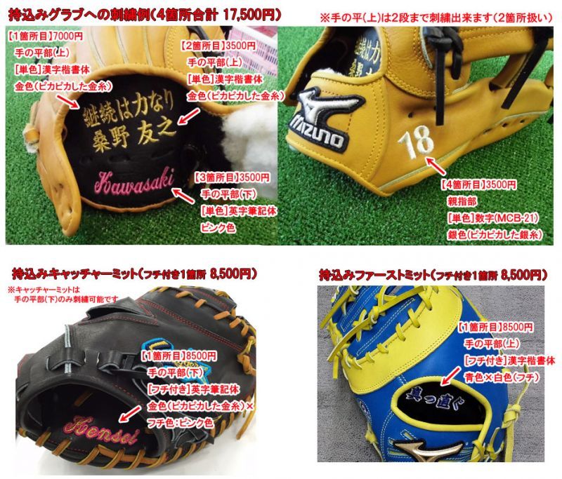 グラブ・ミットへの刺繍加工（ネーム入れ） - 野球用品 セカンドベース