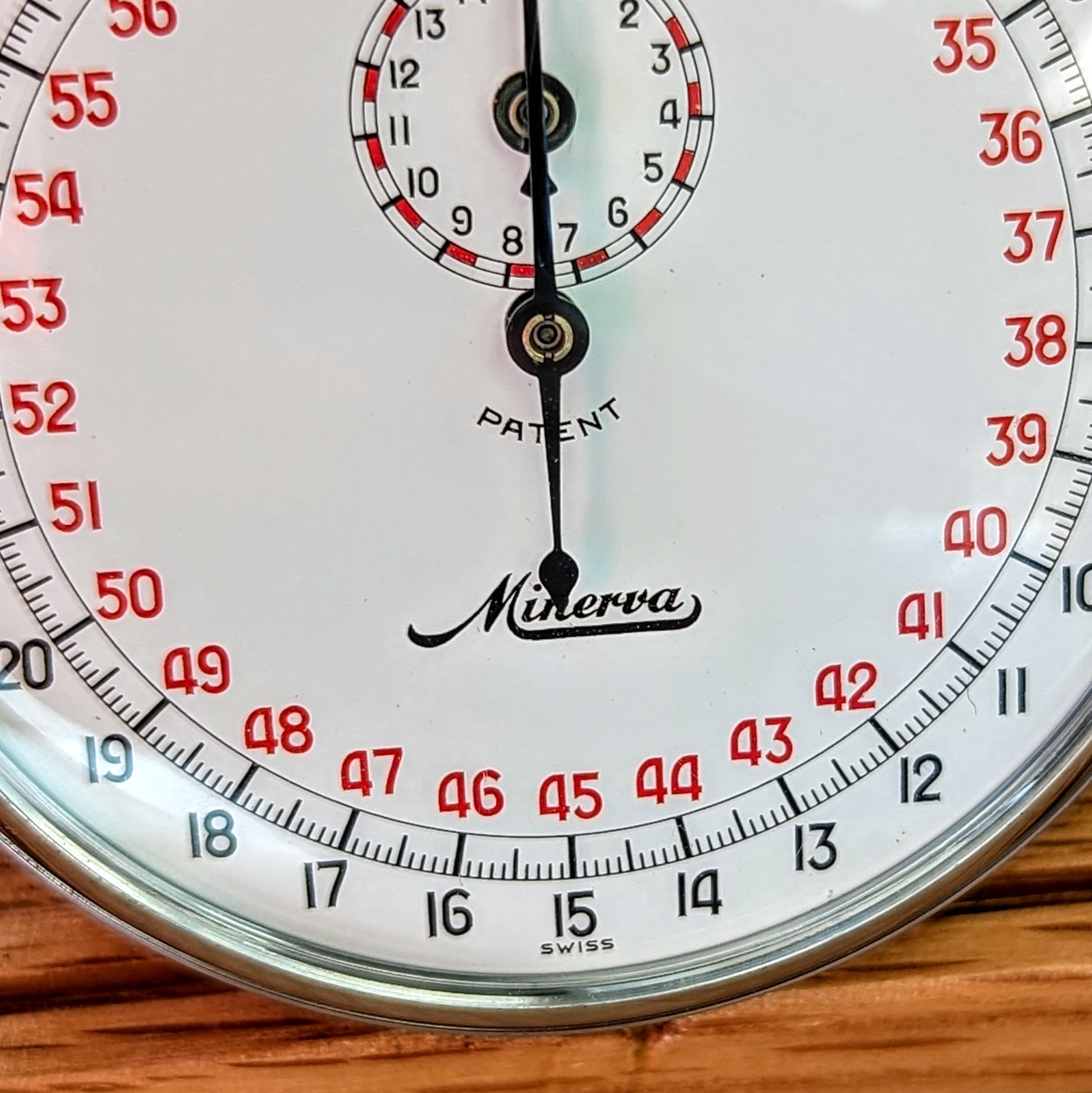 NOS MINERVA Patent Mechanical Stop Watch 1/10 Sec Swiss Made 7