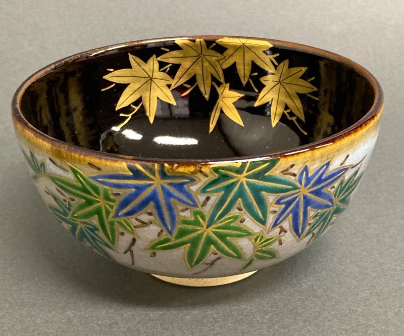 在庫1点限り】【茶道具】膳所焼 金彩 青楓図 茶碗 *陽炎園*