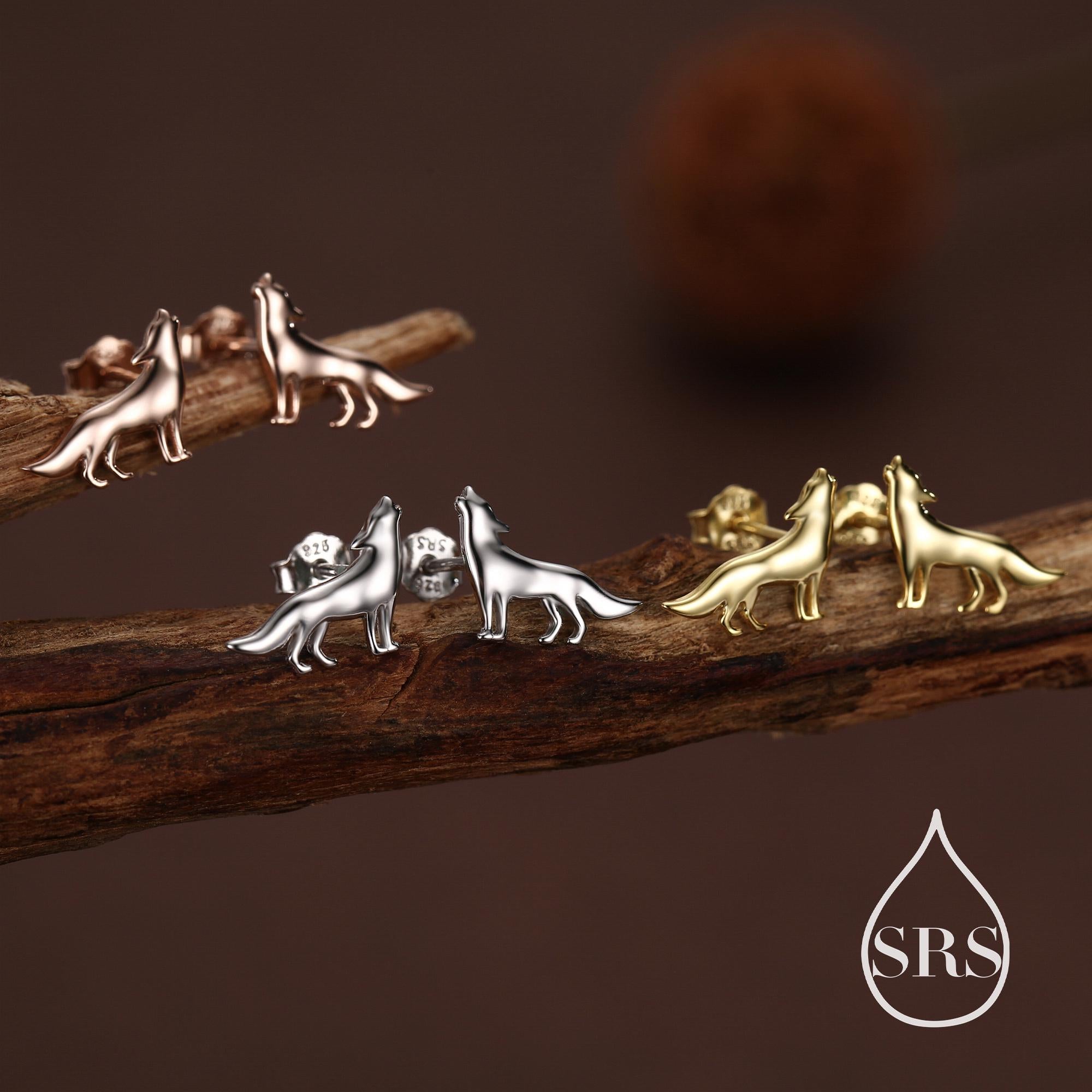 Howling Wolf Stud Earrings in Sterling Silver, Silver or Gold