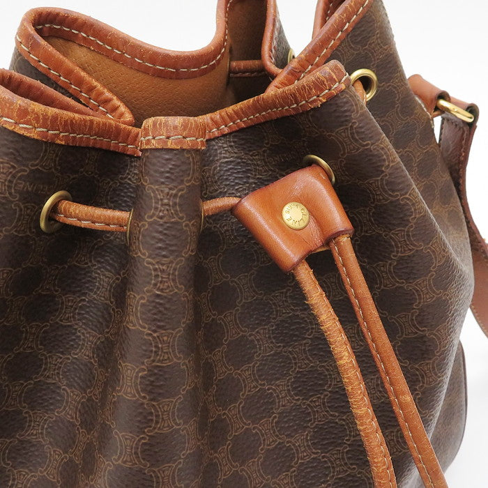 CELINE/セリーヌ】 M95 マカダム柄 巾着 ショルダーバッグ レザー 茶