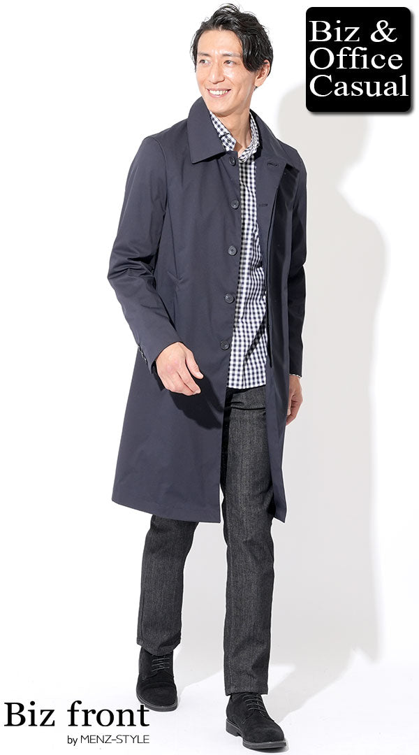 ネイビーロングステンカラーコート×チェックシャツ×黒デニムパンツ