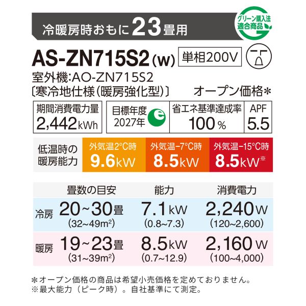 エアコン 2025年 ZNシリーズ AS-ZN715S2W［主に23畳用・200V］（標準