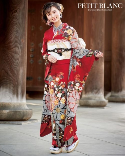 振袖フルセット6点サイズM〜L駒刺繍 地紙飛鶴花