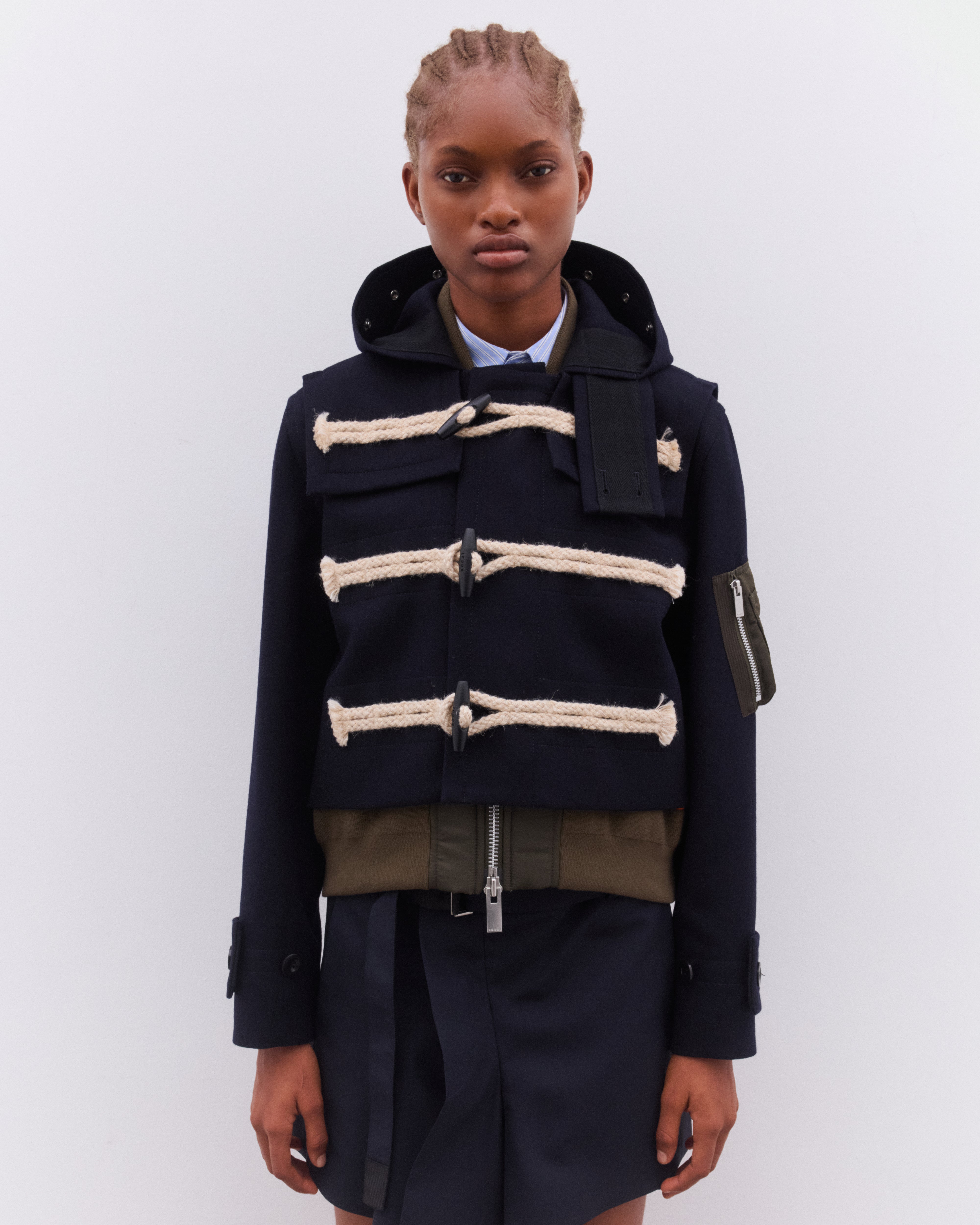 sacai: Women's Wool Melton Jacket (Navy/Green) | DSML E-SHOP