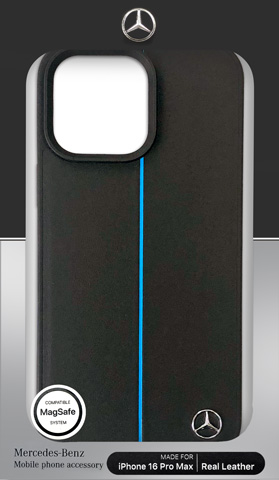 メルセデス・ベンツ iPhone16 Pro Max用 本革 ブルーストライプ 背面