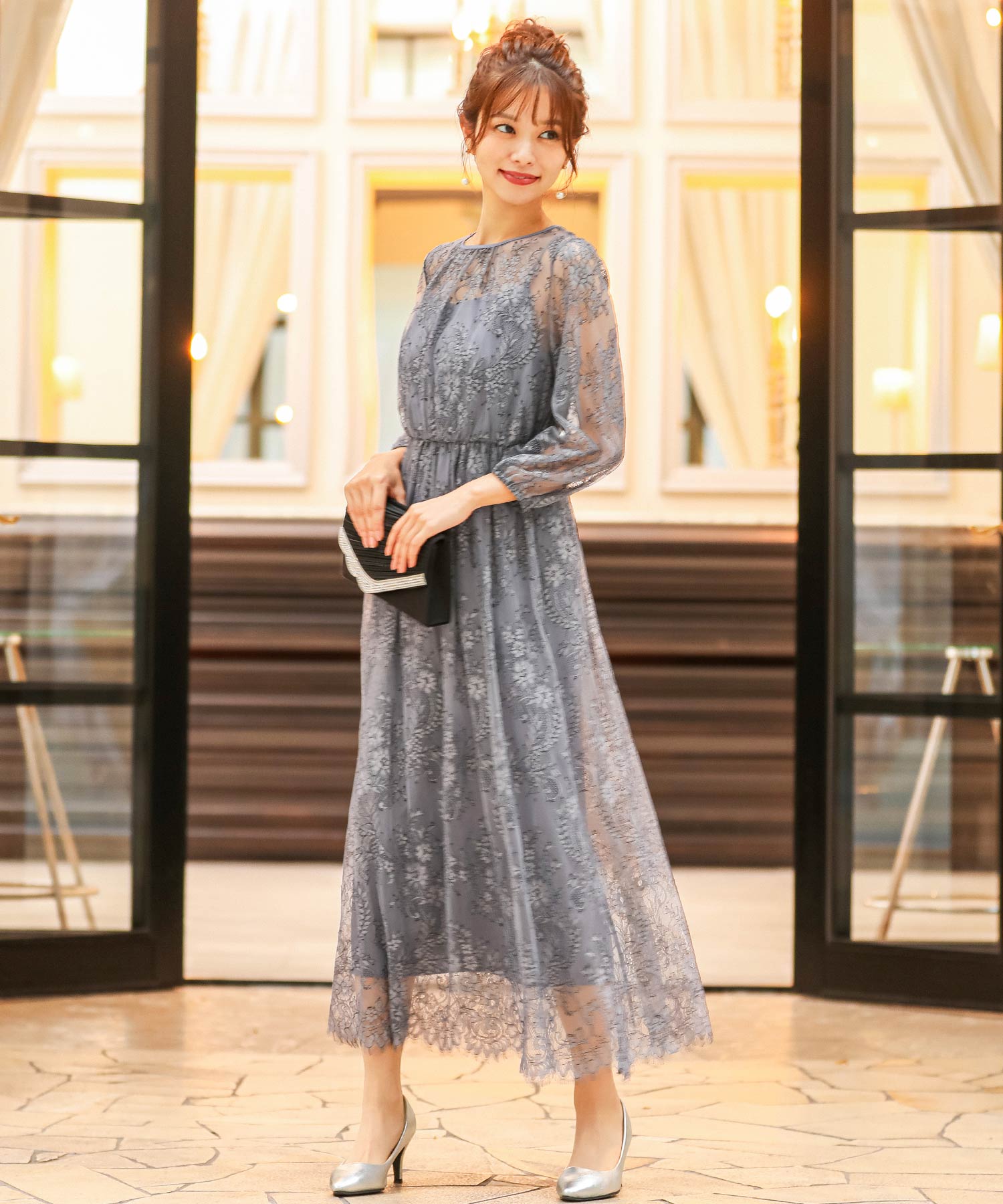 総チュールレースロング 結婚式ワンピース パーティードレス 成人式