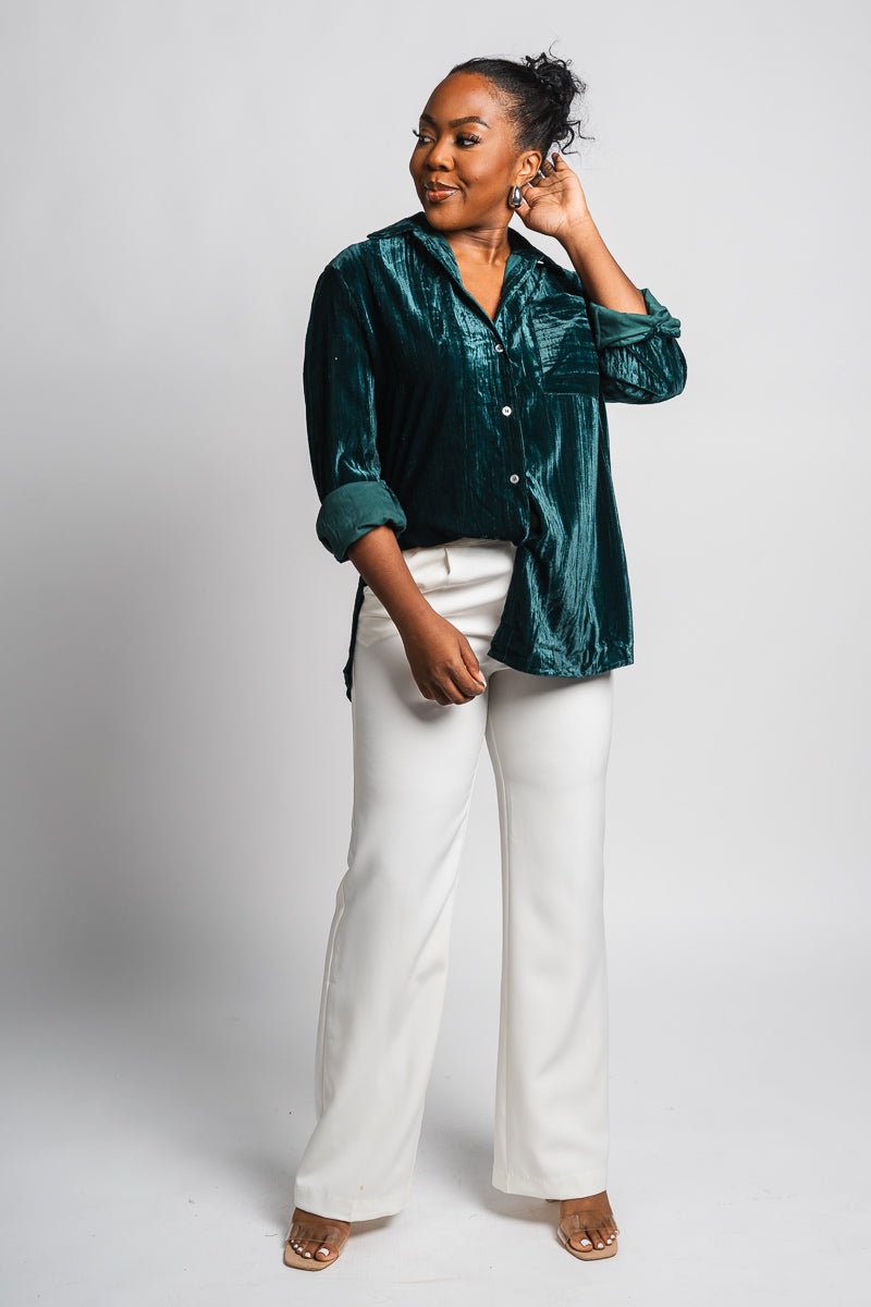 Velvet button down shirt hunter green | Trendy Tops - Lush Fashion