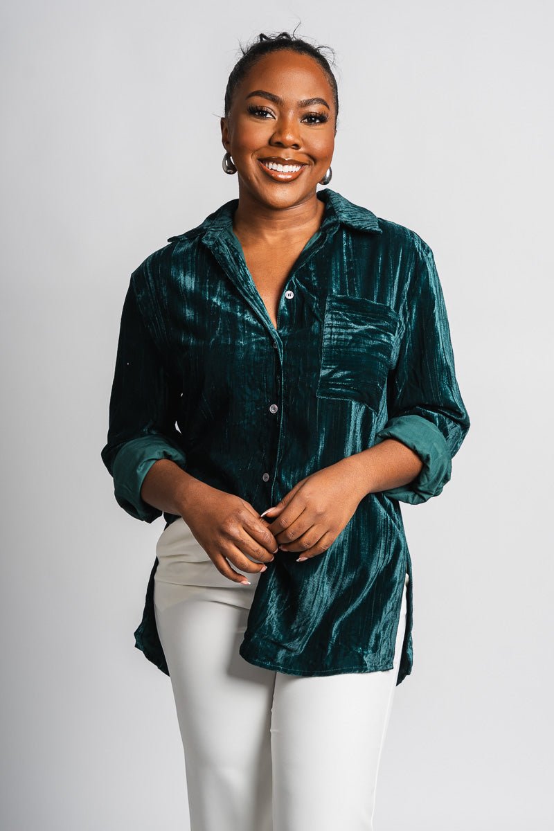 Velvet button down shirt hunter green | Trendy Tops - Lush Fashion