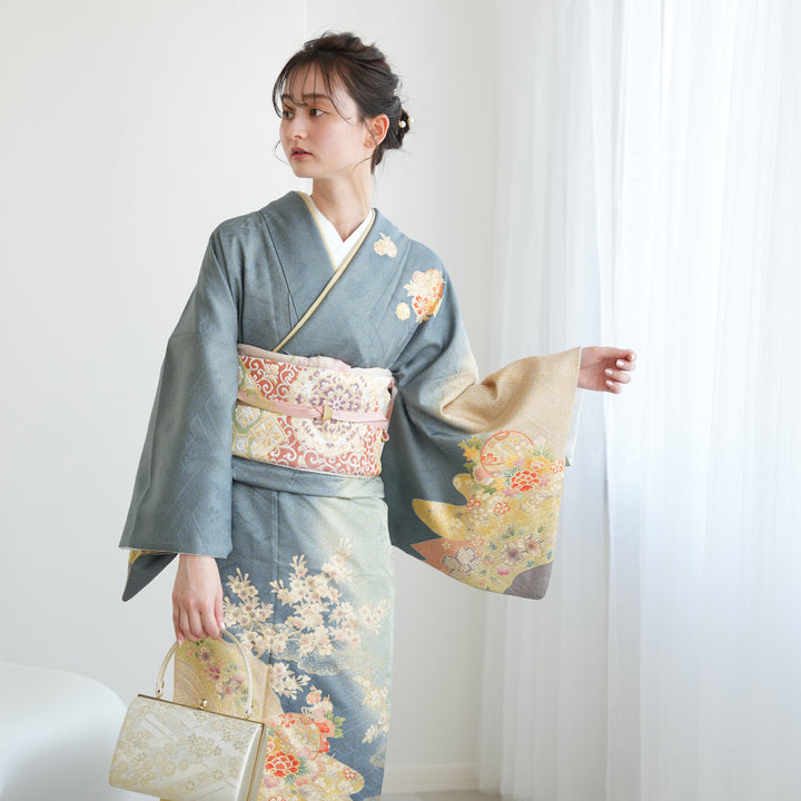 レンタル】 訪問着 20点セット ブルーグレー系 西陣織帯 金彩 辻が花