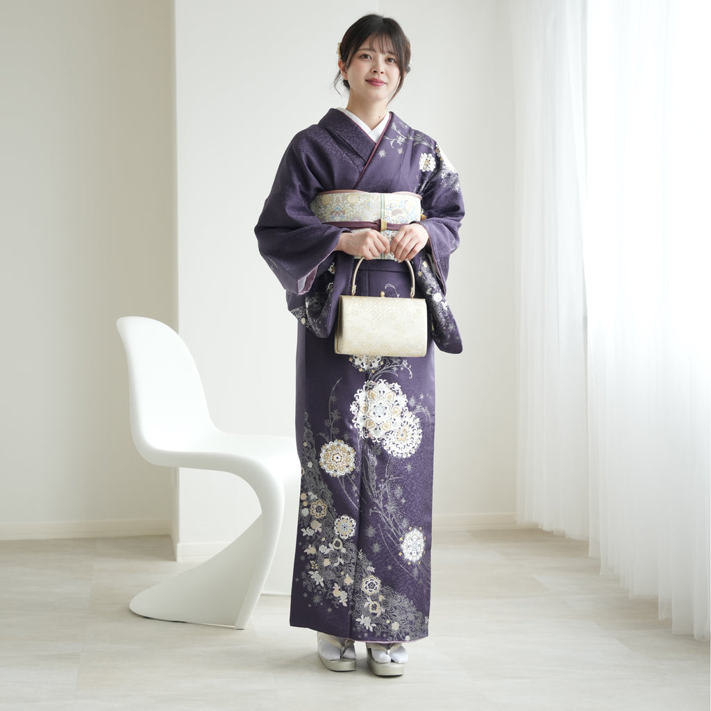 レンタル】 訪問着 20点セット 濃紫系 西陣織帯 金彩 辻が花 入学式