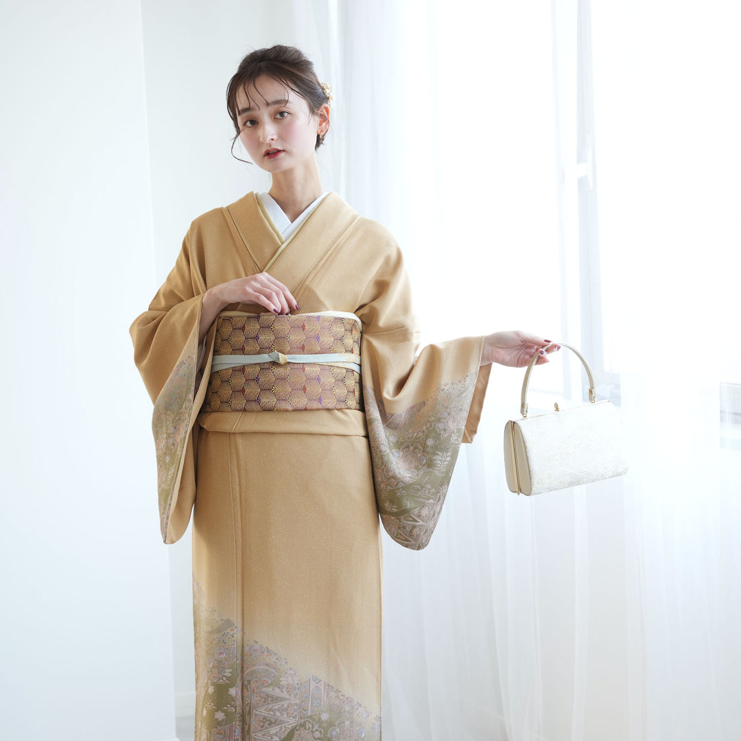 レンタル】 付け下げ 附下 訪問着 20点セット 正絹 金茶 緑 更紗風