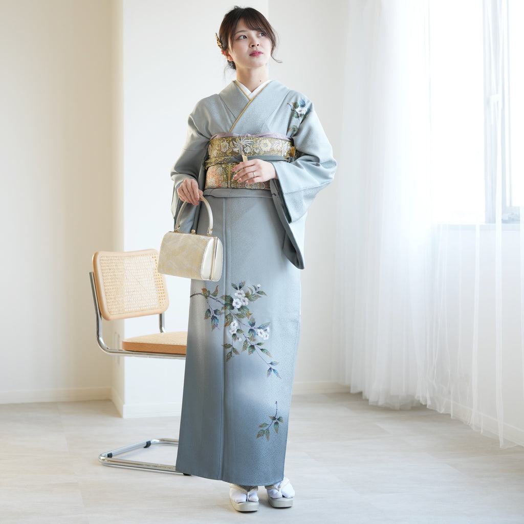 レンタル】 付け下げ 附下 訪問着 20点セット 正絹 青 くすみカラー 花