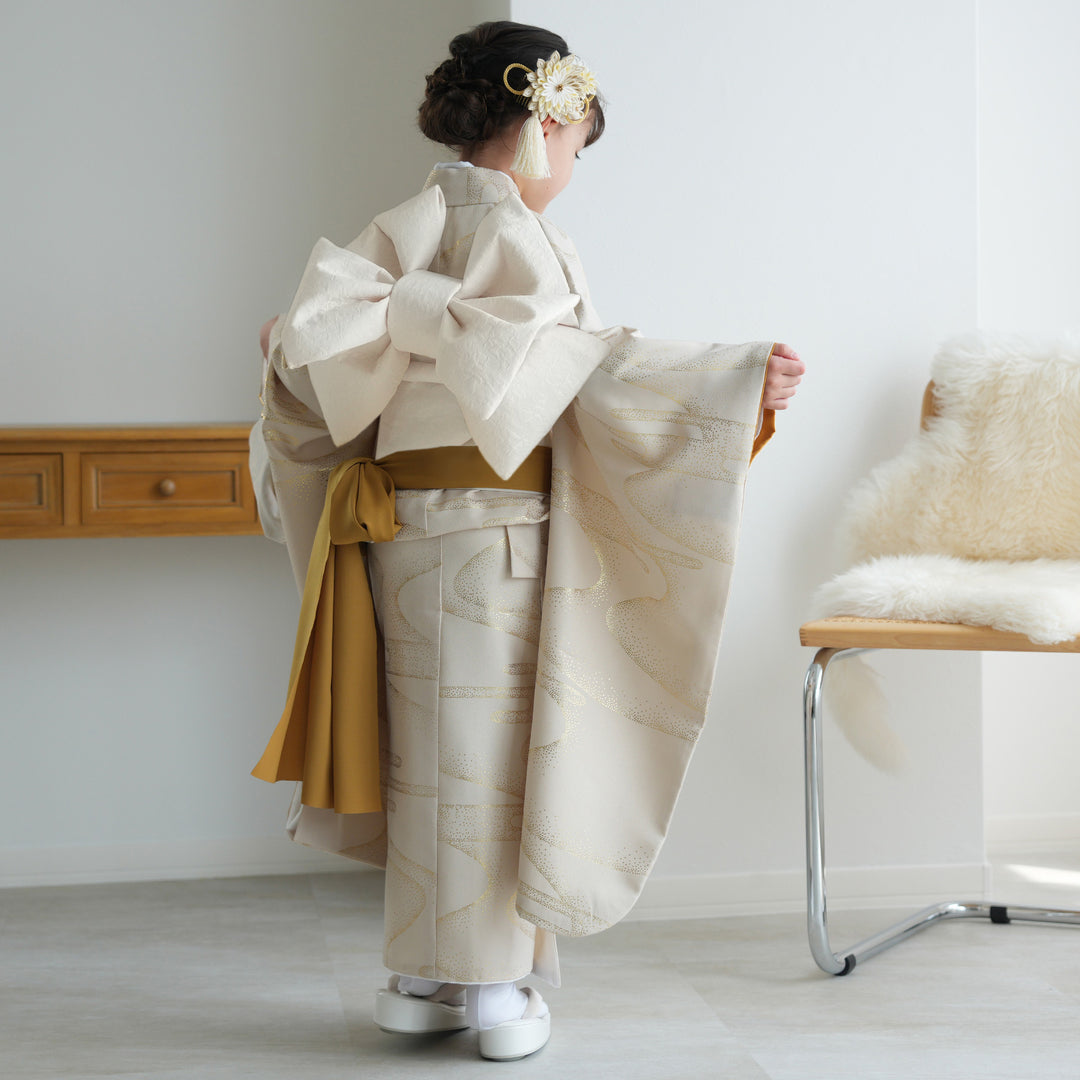 レンタル】七五三着物 7歳女の子 着物セット ベージュ金彩・糸菊