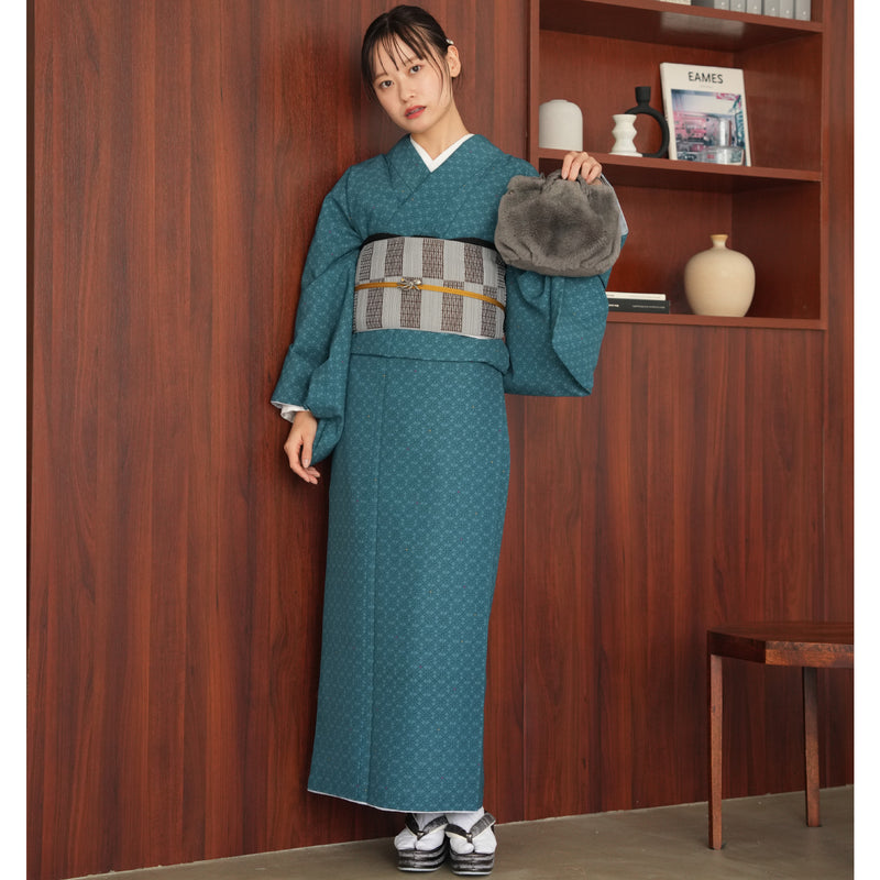 JAPAN MODE 袷着物 単品】 小紋 日本製 青緑系 洗えるカジュアル着物