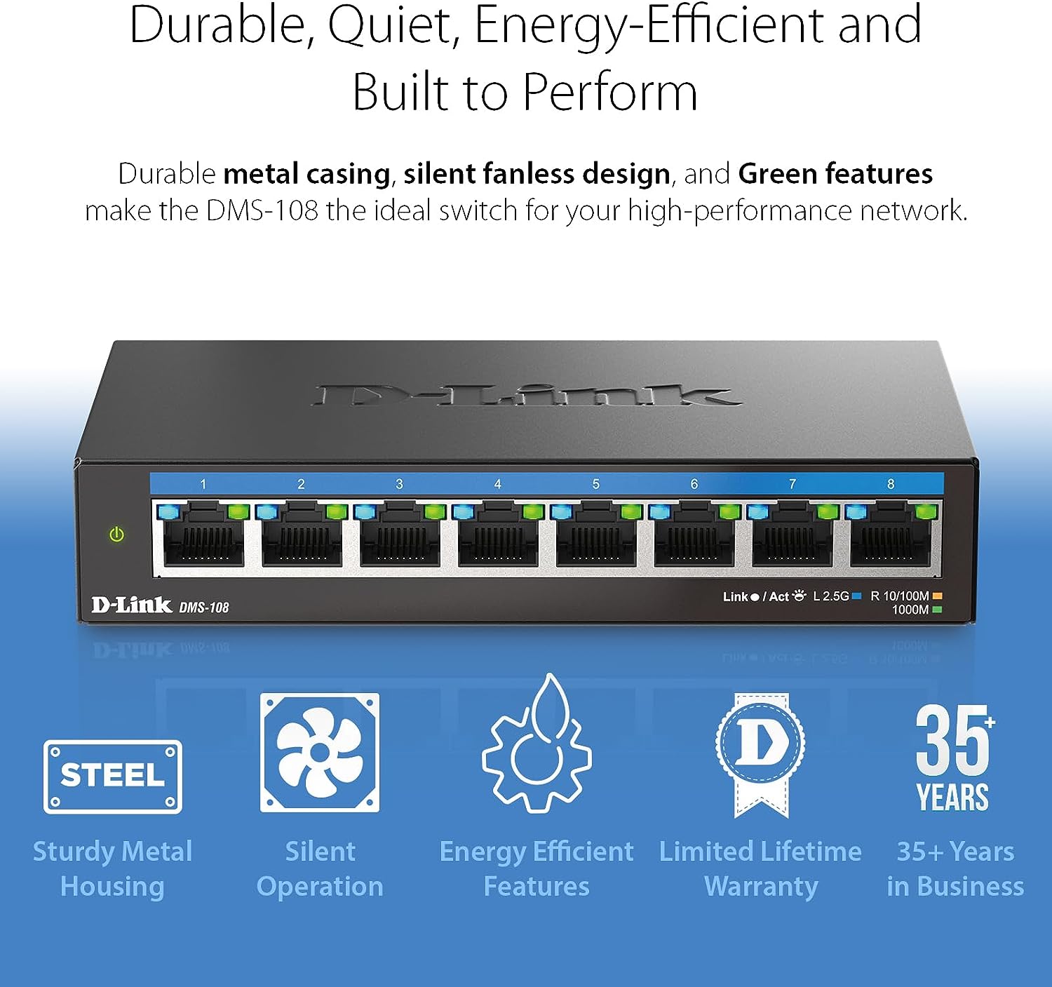 D-Link 8-Port 2.5Gb Unmanaged Gaming Switch (DMS-108) with 8 x 2.5