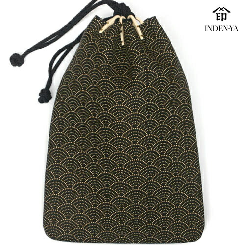 千恵子】印傳屋 ローズ柄 花柄 巾着バッグ 鹿革 ディアスキン 黒