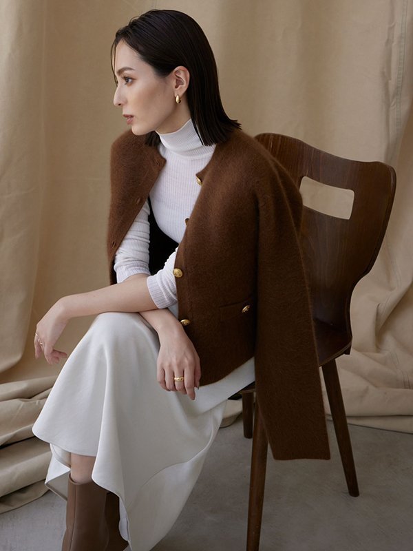 anuans ラクーンブレンドノーカラーニットジャケット アニュアンス