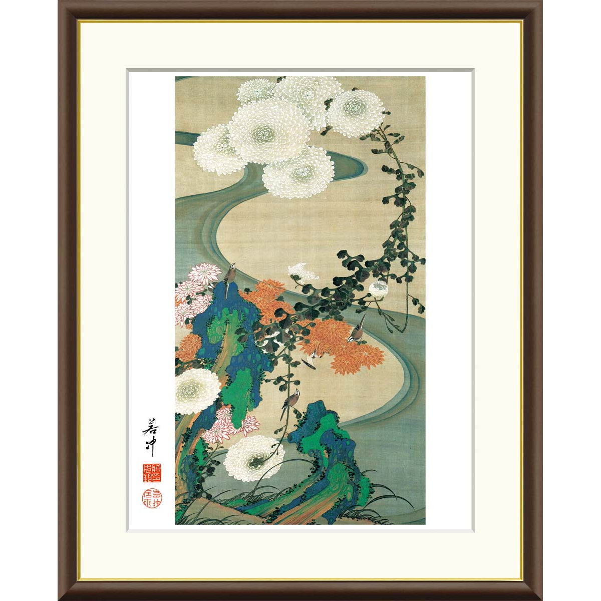 楽天市場】10年保証 名画 油絵 菊花流水図 伊藤若冲 手彩仕上 高精細巧
