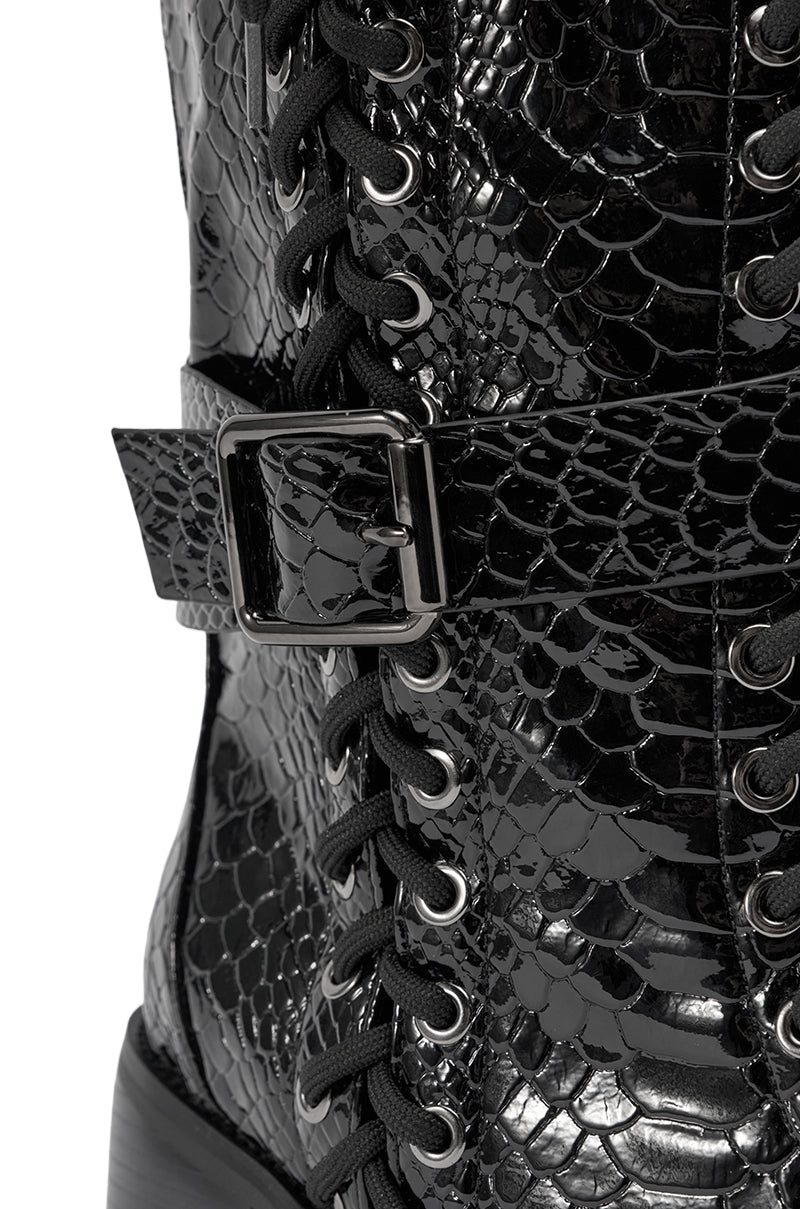 AZALEA WANG MAKAR BLACK CROC LACE UP DETAIL BOOT – AKIRA